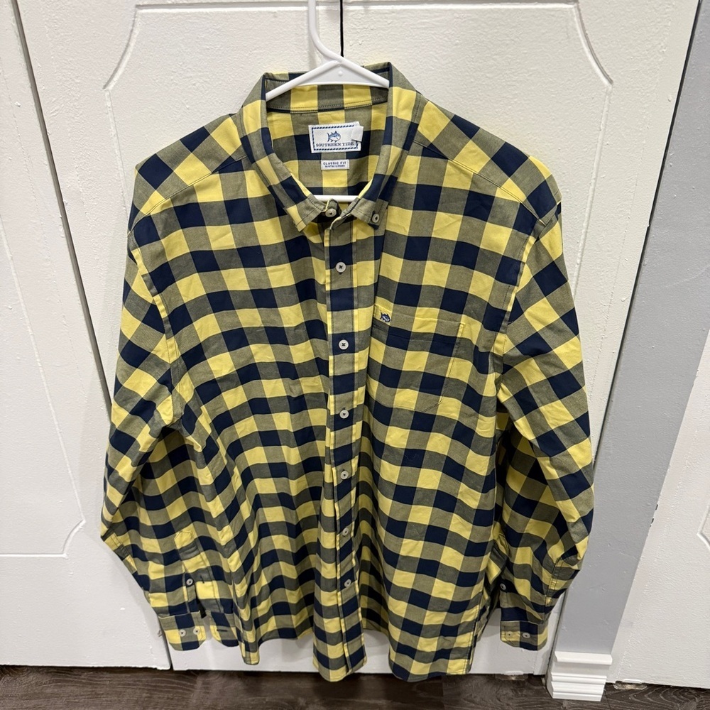 Southern Tide Yellow and Blue Checkered Classic Fit Button Down Long Sleeve